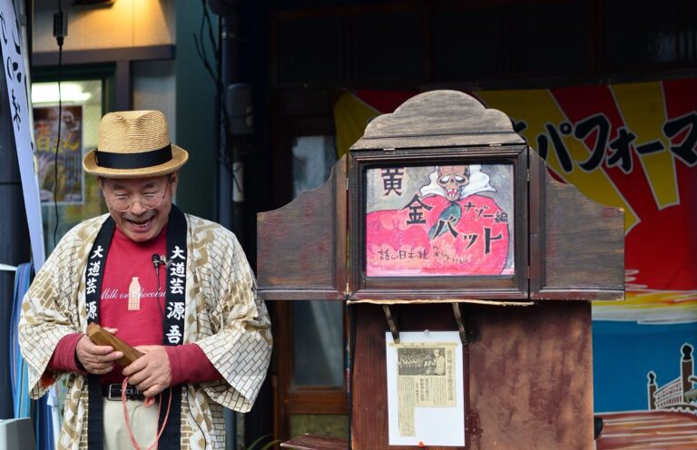 A storyteller telling a picture story (kamishibai)